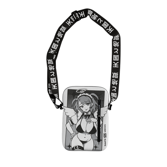 Black and white anime-style maid character with belts and thigh-high stockings on a rectangular crossbody bag.