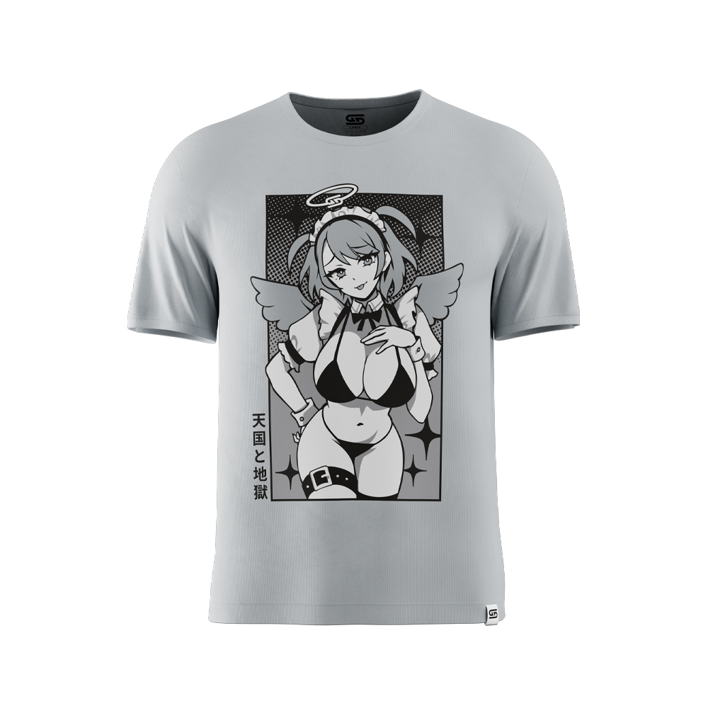 Grey shirt with a black and white anime-style maid character holding a scythe and Japanese text on the back.