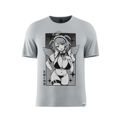 Grey shirt with a black and white anime-style maid character holding a scythe and Japanese text on the back.