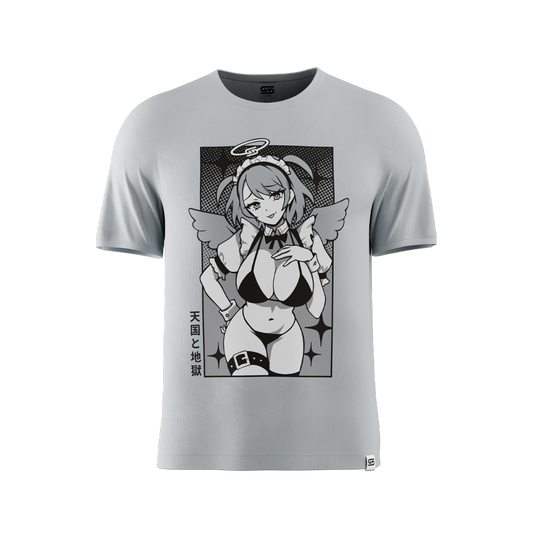 Grey shirt with a black and white anime-style maid character holding a scythe and Japanese text on the back.