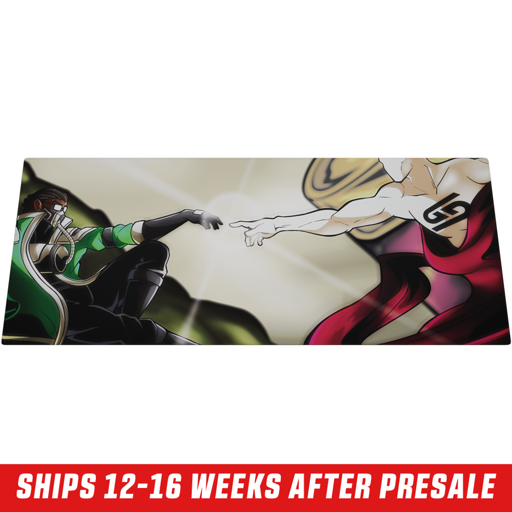 Mouse pad with artwork of two hands reaching out, one in black glove and green sleeve, the other bare and muscular.