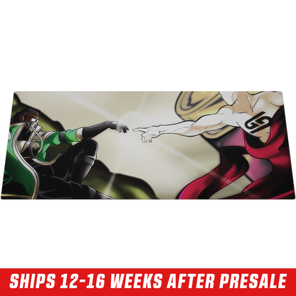 Mouse pad with artwork of two hands reaching out, one in black glove and green sleeve, the other bare and muscular.