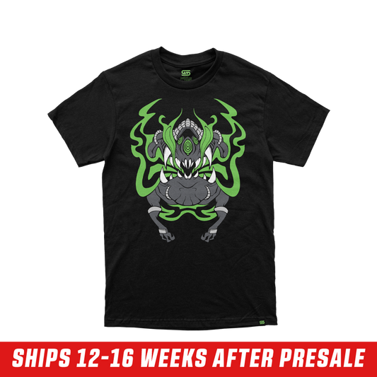 Black short-sleeve shirt with a small green logo centered near the upper back collar in size 6XL.