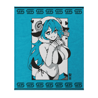 Blue blanket with an anime-style character featuring teal hair and ram horns, draped over a beige couch.