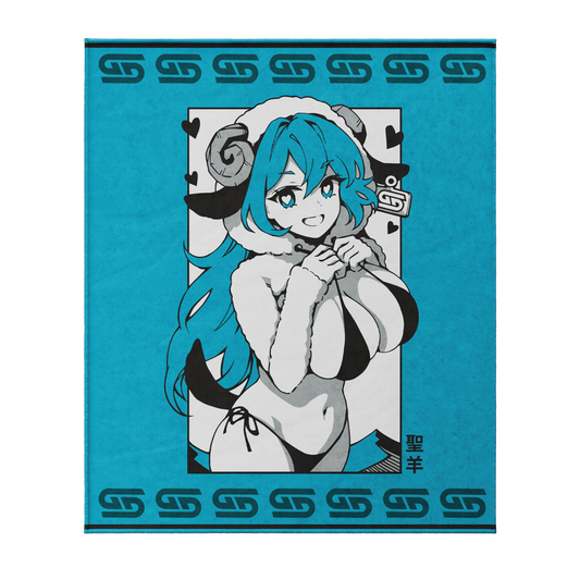 Blue blanket with an anime-style character featuring teal hair and ram horns, draped over a beige couch.