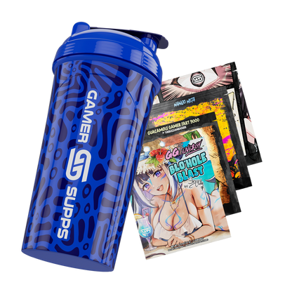 Blue shaker bottle with dark abstract all-over print and a white stylized "G" logo on the front.