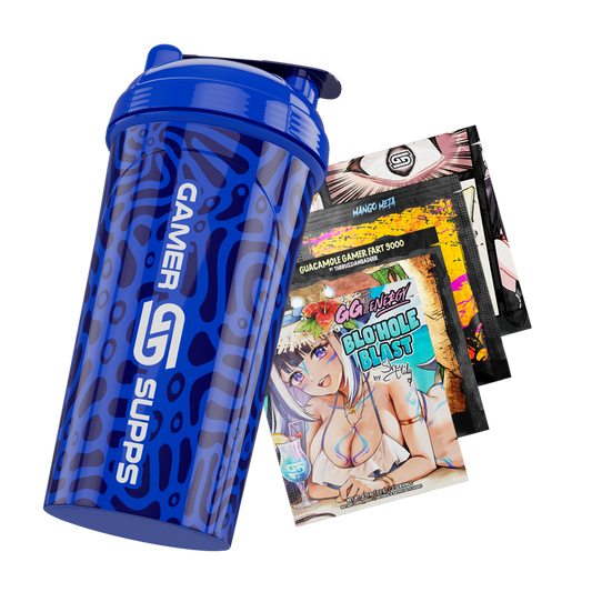 Blue shaker bottle with dark abstract all-over print and a white stylized "G" logo on the front.