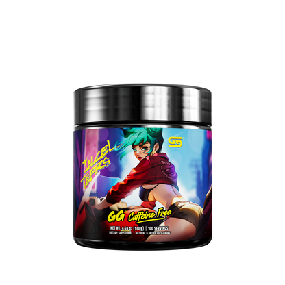 Black container with a purple label showing supplement facts and directions for Incel Tears caffeine-free powder.