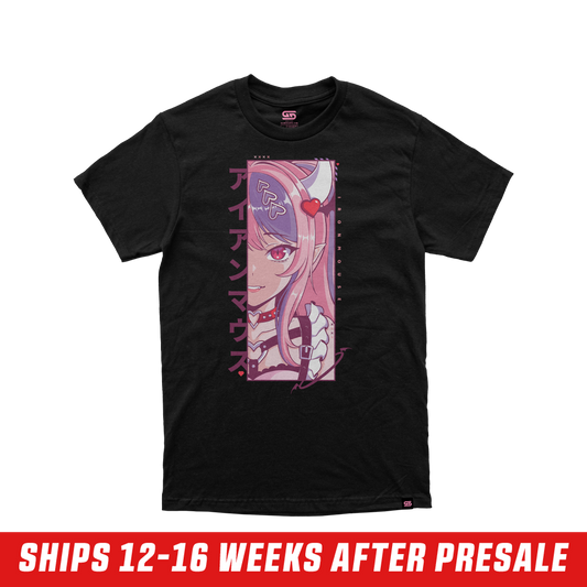 Black short-sleeve shirt with a small pink stylized logo centered at the upper back below the neckline.