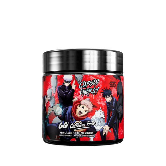 Black and red container with nutritional facts and warning labels for a caffeine-free energy supplement.