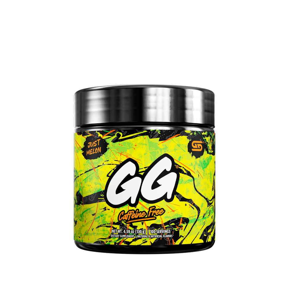 Black supplement container with colorful green and orange abstract design and detailed nutrition facts label on the back