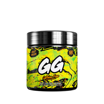 Black supplement container with colorful green and orange abstract design and detailed nutrition facts label on the back