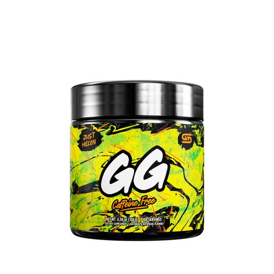 Black supplement container with colorful green and orange abstract design and detailed nutrition facts label on the back