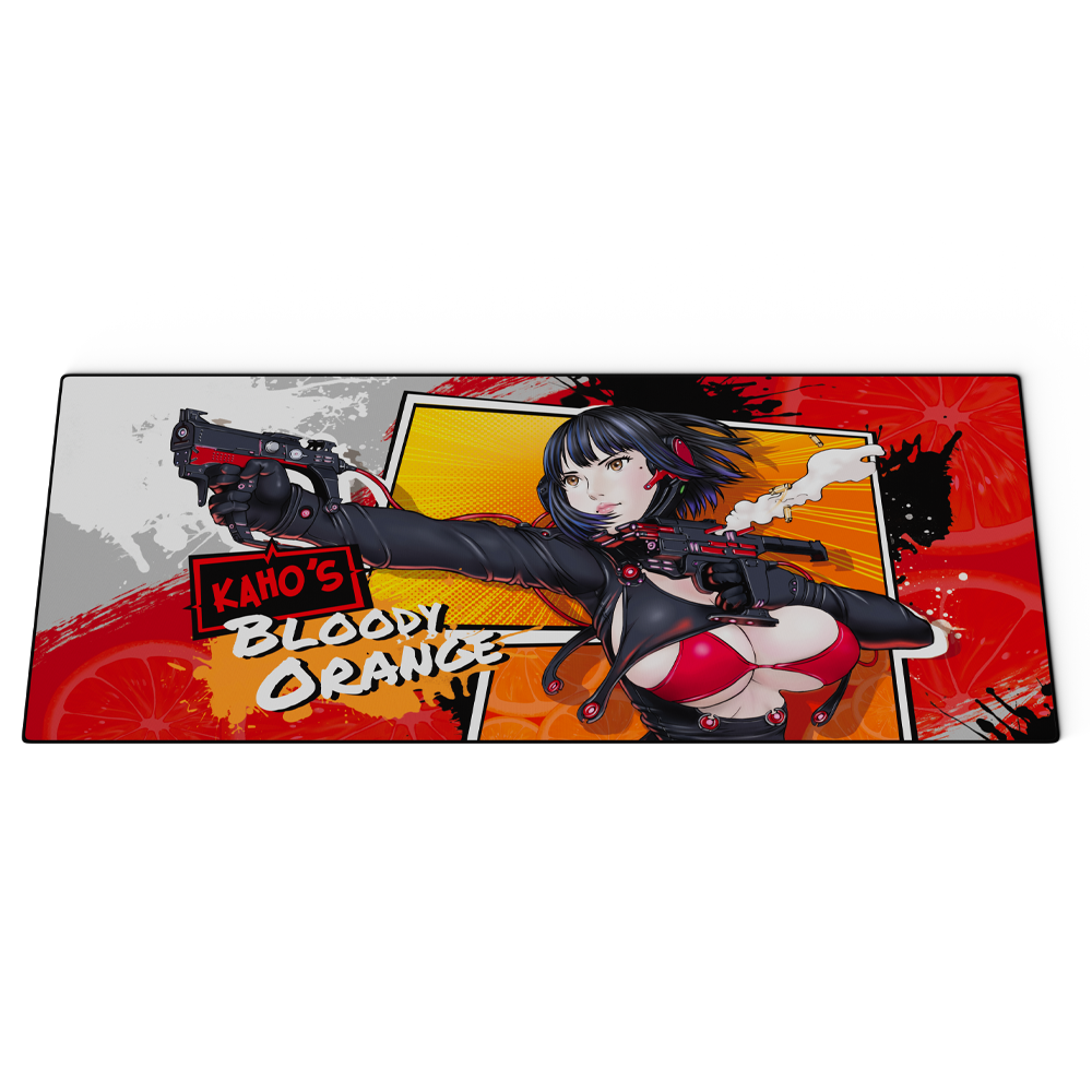 Anime woman in red bikini top aiming two guns on a bright orange and black splatter background mouse pad.
