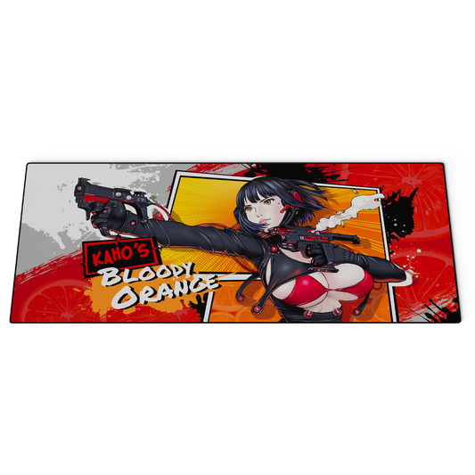Anime woman in red bikini top aiming two guns on a bright orange and black splatter background mouse pad.