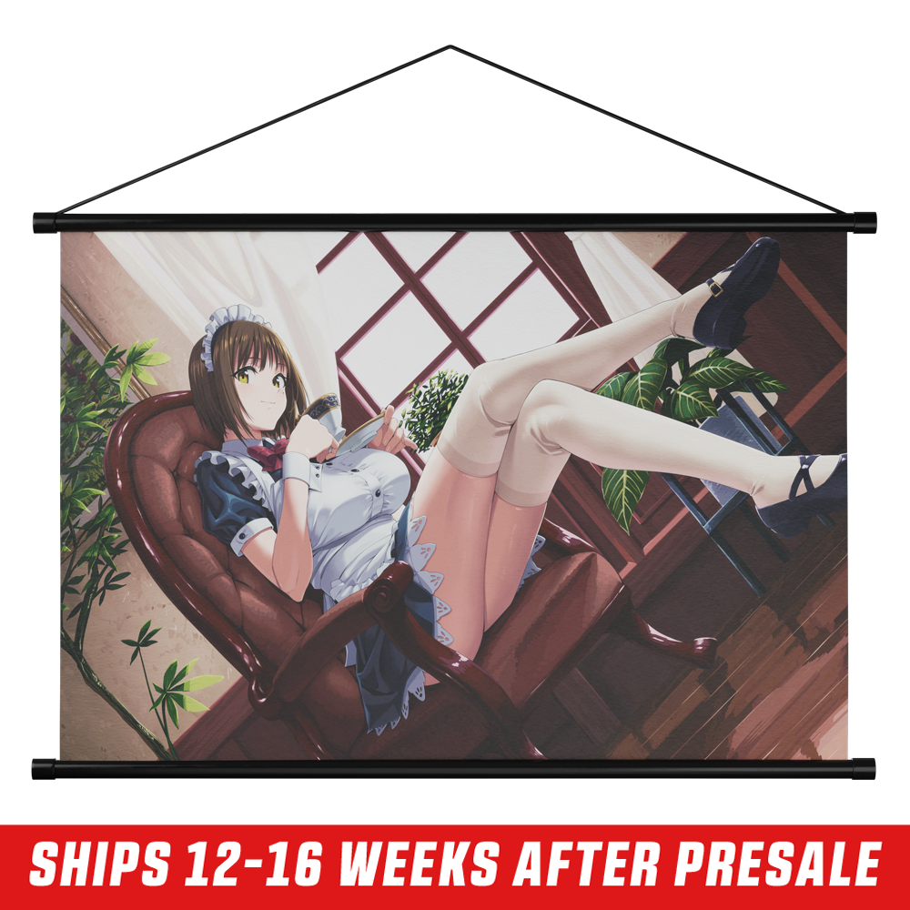 Wall scroll featuring a dark-haired anime girl in a blue dress lounging by a window with plants in the background.