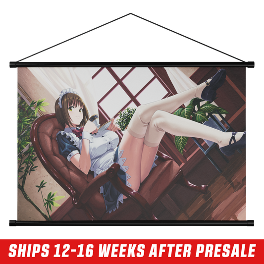 Wall scroll featuring a dark-haired anime girl in a blue dress lounging by a window with plants in the background.