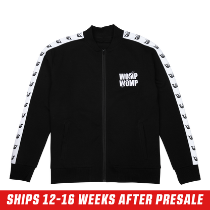 Black track jacket with white killer whale logos on the shoulders and a large logo centered on the upper back.