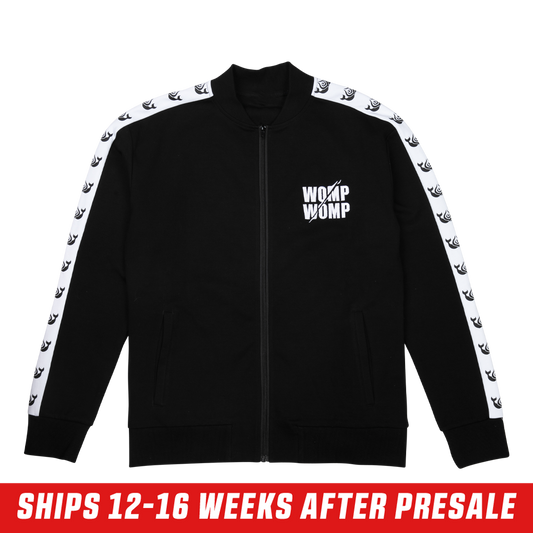 Black track jacket with white killer whale logos on the shoulders and a large logo centered on the upper back.
