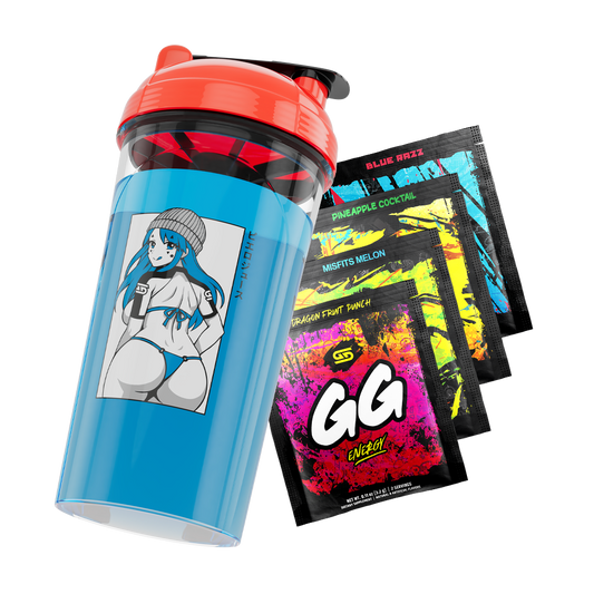 Blue shaker cup with red lid featuring anime girl in blue bikini and four colorful GG Energy drink packets.