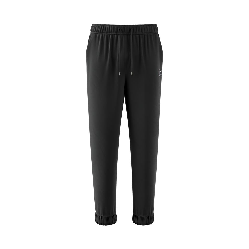 Black joggers with elastic waistband, drawstrings, cuffed ankles, and a small white logo on the right thigh.