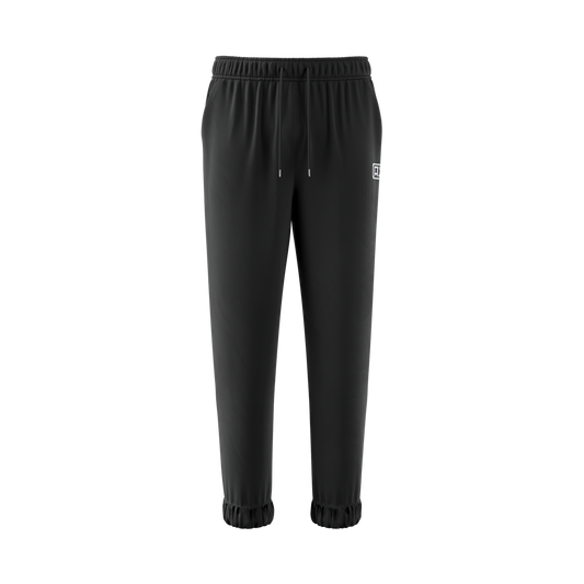 Black joggers with elastic waistband, drawstrings, cuffed ankles, and a small white logo on the right thigh.