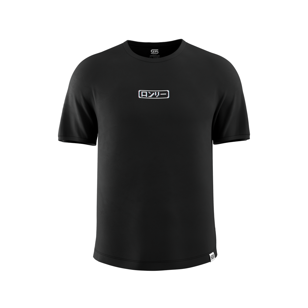 Black short-sleeve tee with white Japanese text in a rounded rectangle centered on the chest and a small logo tag at the hem.