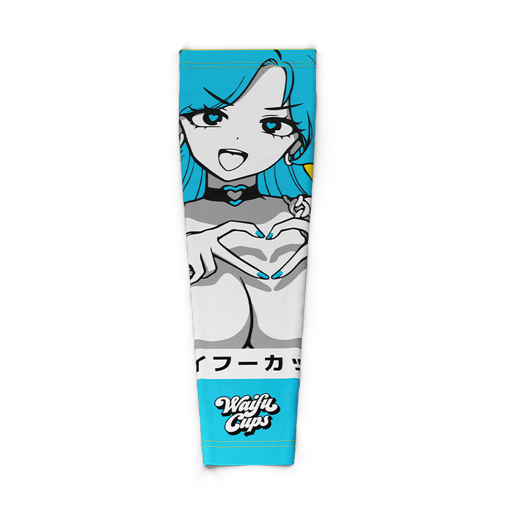 Blue-haired anime girl making a heart shape with her hands on a vibrant blue gaming sleeve with Japanese text.