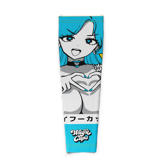 Blue-haired anime girl making a heart shape with her hands on a vibrant blue gaming sleeve with Japanese text.