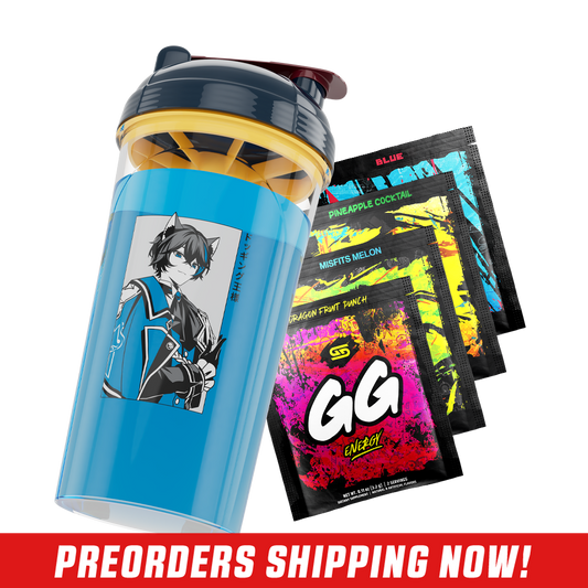 Clear shaker cup with black and yellow lid, featuring anime character with cat ears and Japanese text on the side.