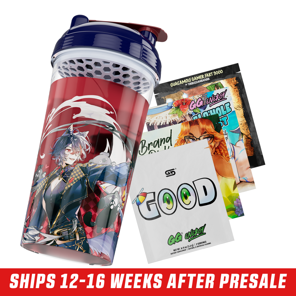 Clear shaker cup with dark blue lid and red flip cap featuring detailed fantasy character art in dark and gold tones.