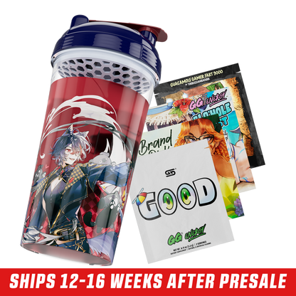 Clear shaker cup with dark blue lid and red flip cap featuring detailed fantasy character art in dark and gold tones.