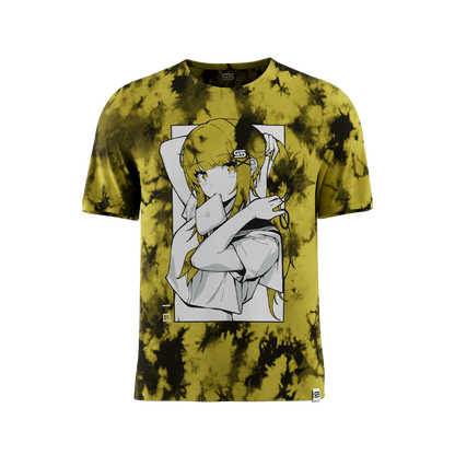 Yellow and black tie-dye pattern covers the entire back of this short-sleeve 6XL shirt.