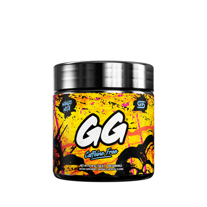 Black container with colorful splatter design and detailed white nutritional label on the back side.