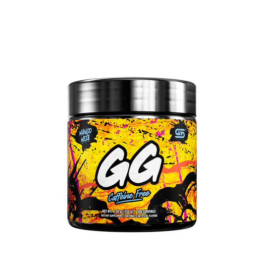 Black container with colorful splatter design and detailed white nutritional label on the back side.