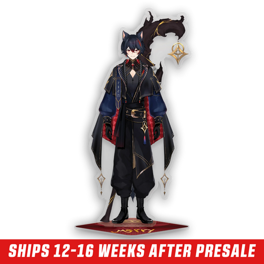 Black-haired character with cat ears wearing a dark blue and black outfit with gold accents on a red base standee