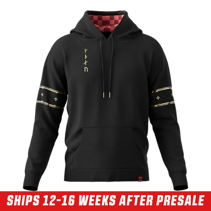 Black hoodie with gold geometric emblem and "MERRYWEATHER" text on back, plus gold decorative bands on sleeves.