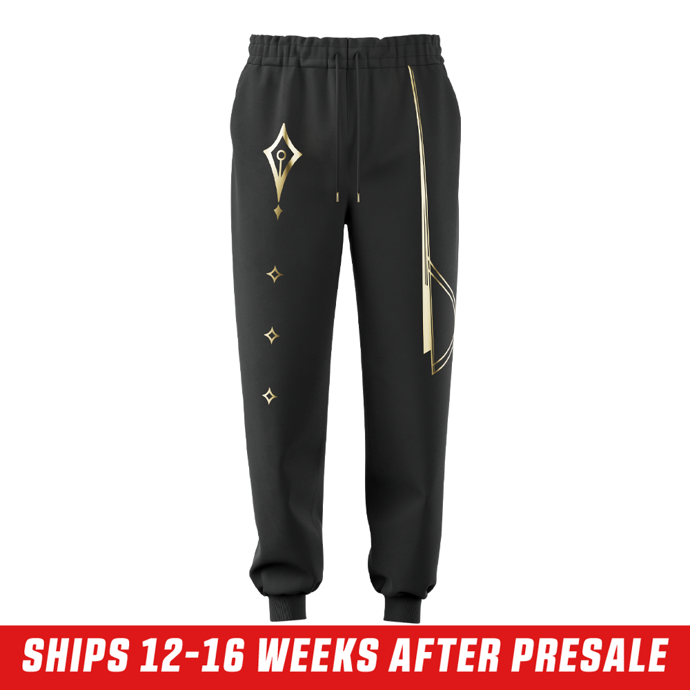 Black sweatpants with gold geometric lines on one leg and a gold emblem on the back pocket in 3XL size.