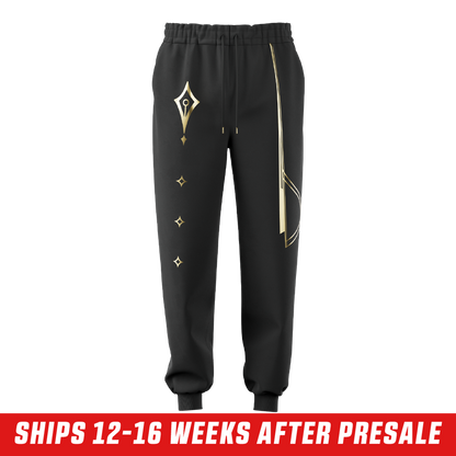Black sweatpants with gold geometric lines on one leg and a gold emblem on the back pocket in 3XL size.