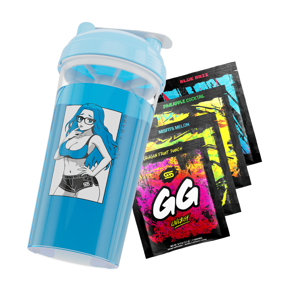 Blue shaker cup with anime girl in glasses and four colorful GG Energy powder packets in various flavors.