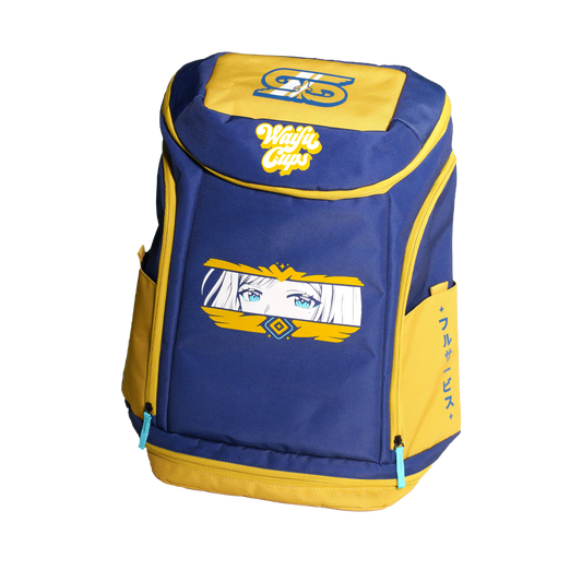 Blue and yellow backpack with Japanese text on the yellow front pocket and a turquoise zipper pull tab.