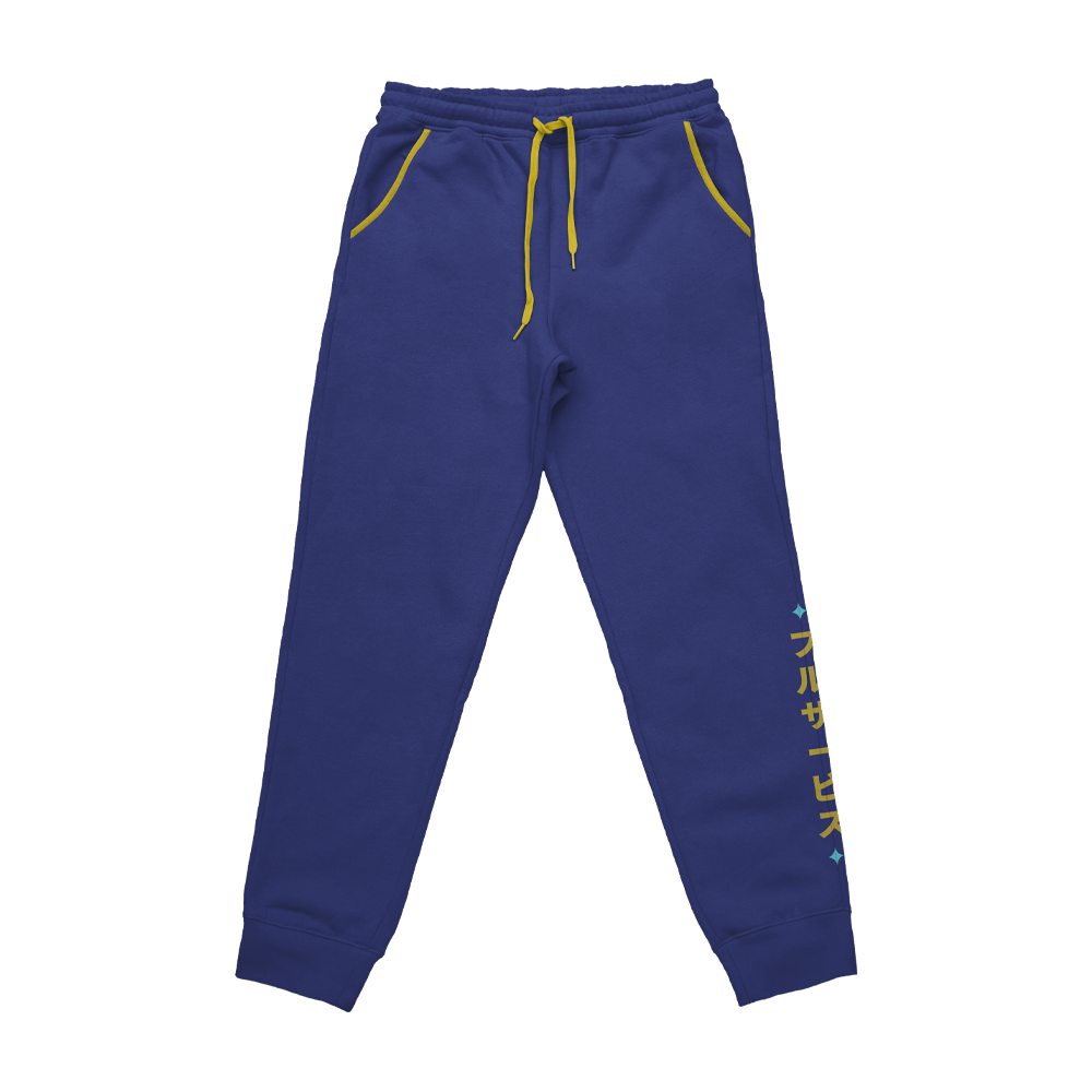 Royal blue sweatpants with a yellow logo on the back pocket and vertical yellow Japanese text on the left leg.
