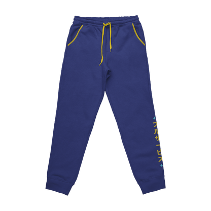 Royal blue sweatpants with a yellow logo on the back pocket and vertical yellow Japanese text on the left leg.