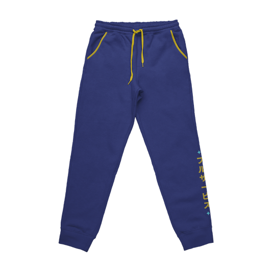 Royal blue sweatpants with a yellow logo on the back pocket and vertical yellow Japanese text on the left leg.