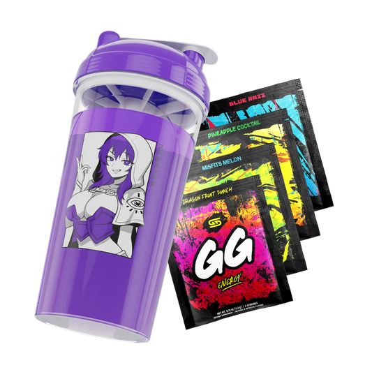 Purple shaker cup with anime character in white hood and four colorful GG Energy drink mix packets.