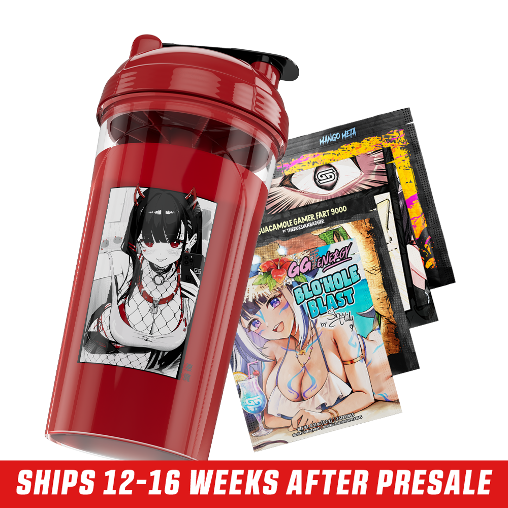 Clear shaker bottle with a red lid featuring an anime girl in fishnet stockings and black outfit on the side.
