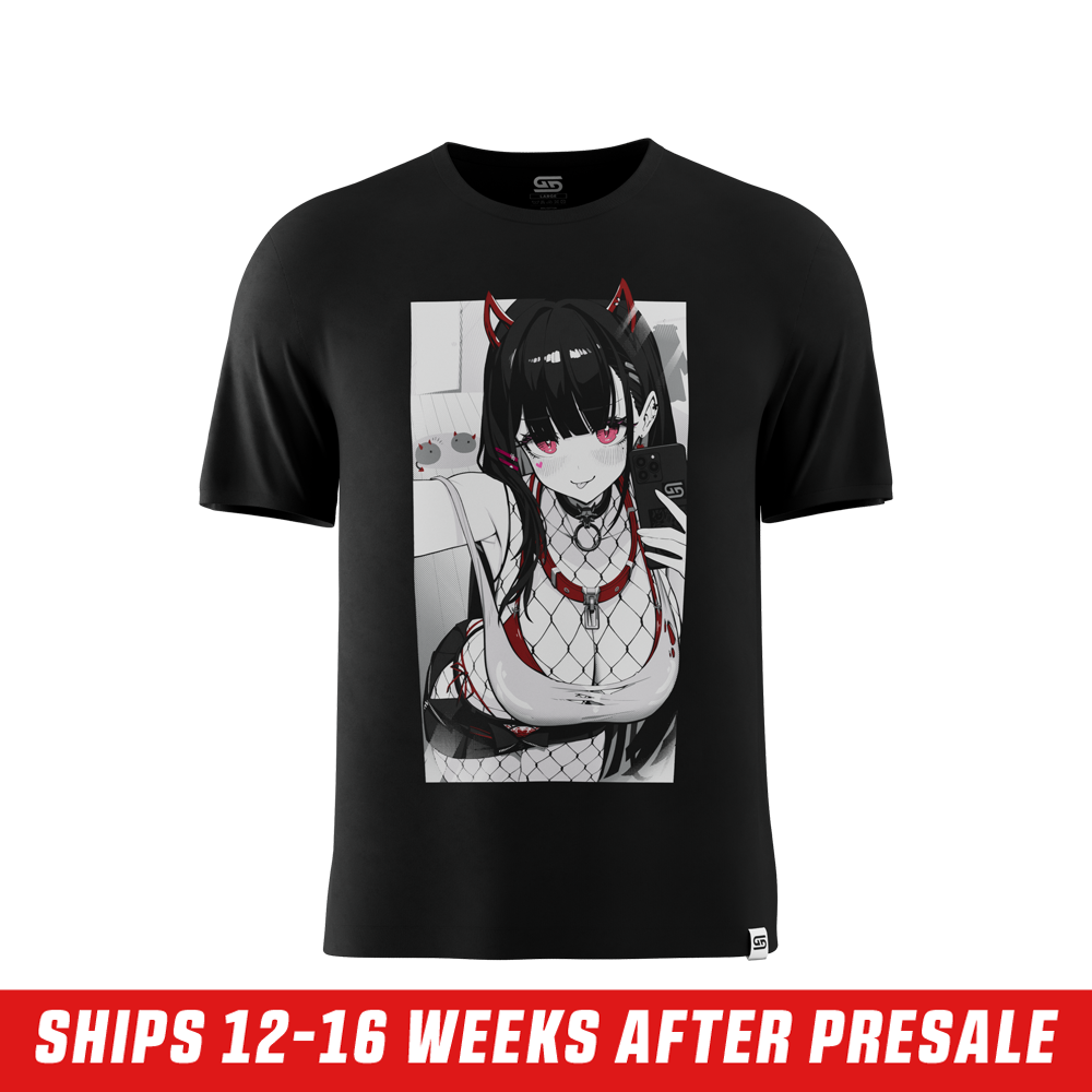 Black shirt with anime-style graphic of a girl in fishnet stockings and red accents on the back with Japanese text.