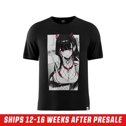 Black shirt with anime-style graphic of a girl in fishnet stockings and red accents on the back with Japanese text.