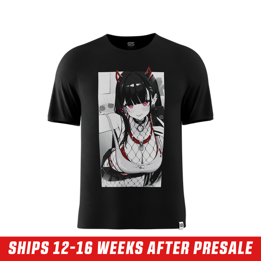 Black shirt with anime-style graphic of a girl in fishnet stockings and red accents on the back with Japanese text.