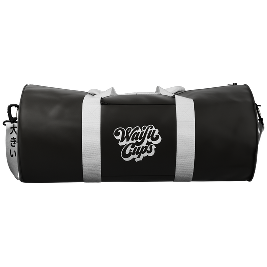 back of oki waifu gym bag showing waifu cups logo and white straps